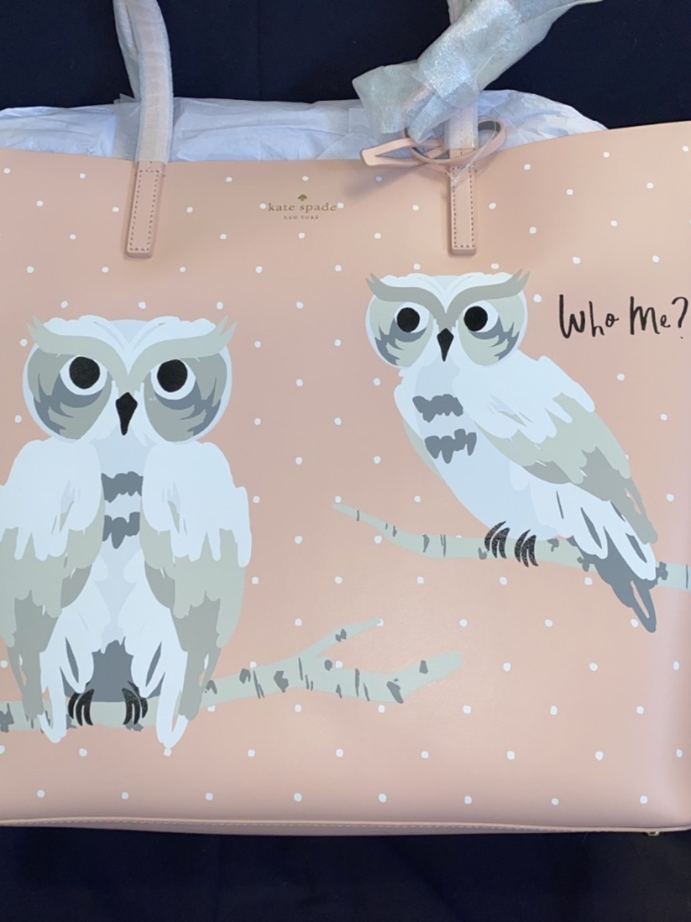 Retired Kate Spade New York “Who Me?” owl tote with Care Card. - Picture 9 of 12